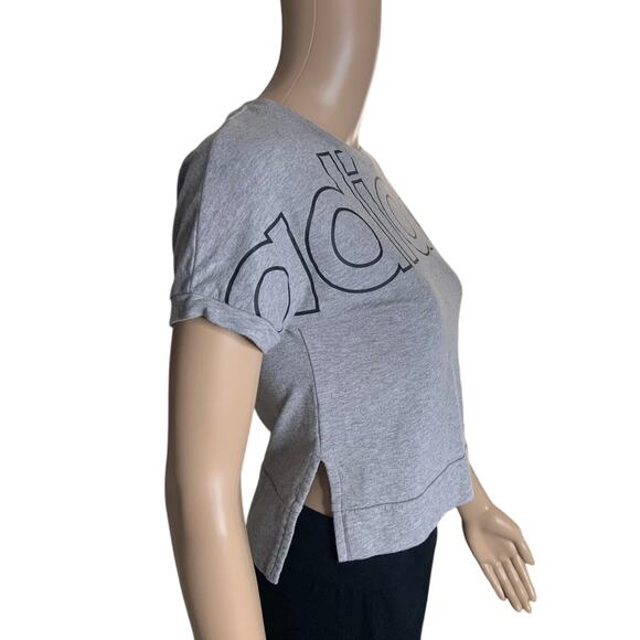 Adidas Women's Small Crop Top Graphic Logo Short Sleeve Gray Black 100% Cotton - Picture 2 of 6